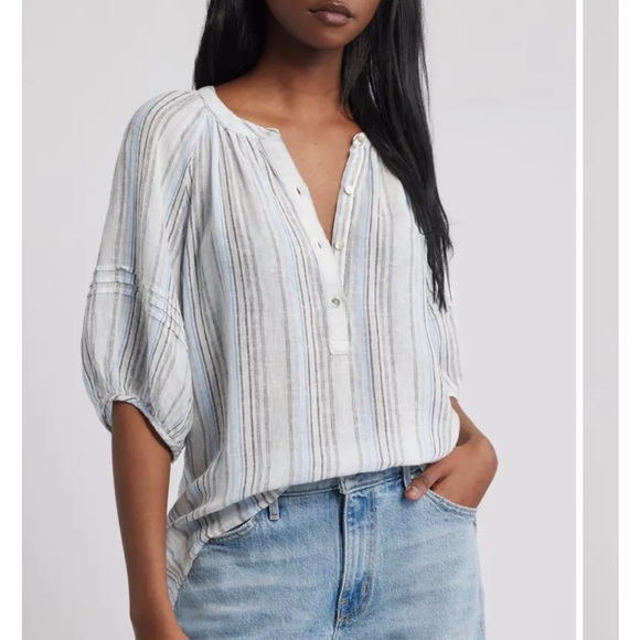 Rails Linen Blend Blue Striped Shoshanna Pintuck Short Sleeve Top Small - Picture 1 of 10